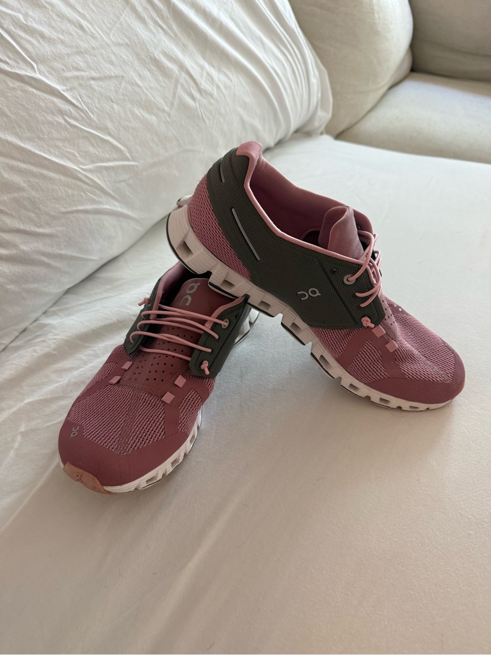 On Running Women's Sneakers in Dusty Rose and Olive Green